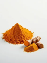 Du curcuma et du curcuma moulu à côté sur fond entièrement blanc