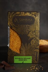 bonbon sésame Sambika avec nappage de chocolat noir 80%